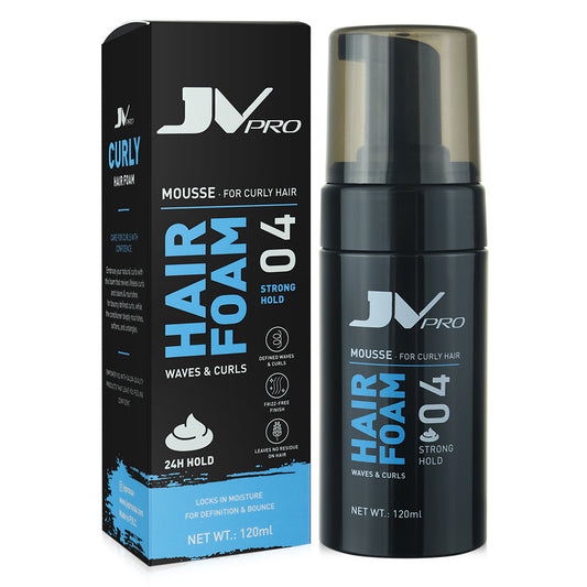 JV PRO hair foam 120ml bottle – lightweight styling mousse for volume, texture, and natural hold for all hair types.