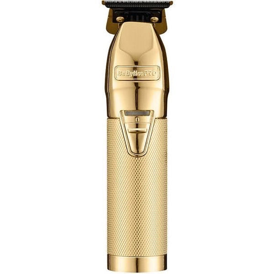“BaBylissPRO GoldFX+ trimmer with gold DLC blade, all-metal design, and USB-C charging for precise, professional grooming.”