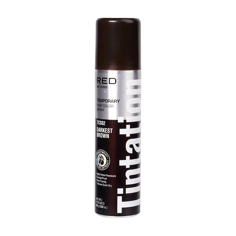 “Kiss Tintation temporary hair color spray in darkest brown, 2.82 oz, washable and non-toxic.”