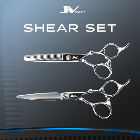 JV PRO 440C Japanese steel shear set with cutting and thinning scissors, ergonomic handles, and case for professional or home use.