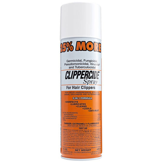 "Clippercide Disinfectant Spray - 5-in-1 solution for cleaning, disinfecting, lubricating, cooling, and rust prevention."