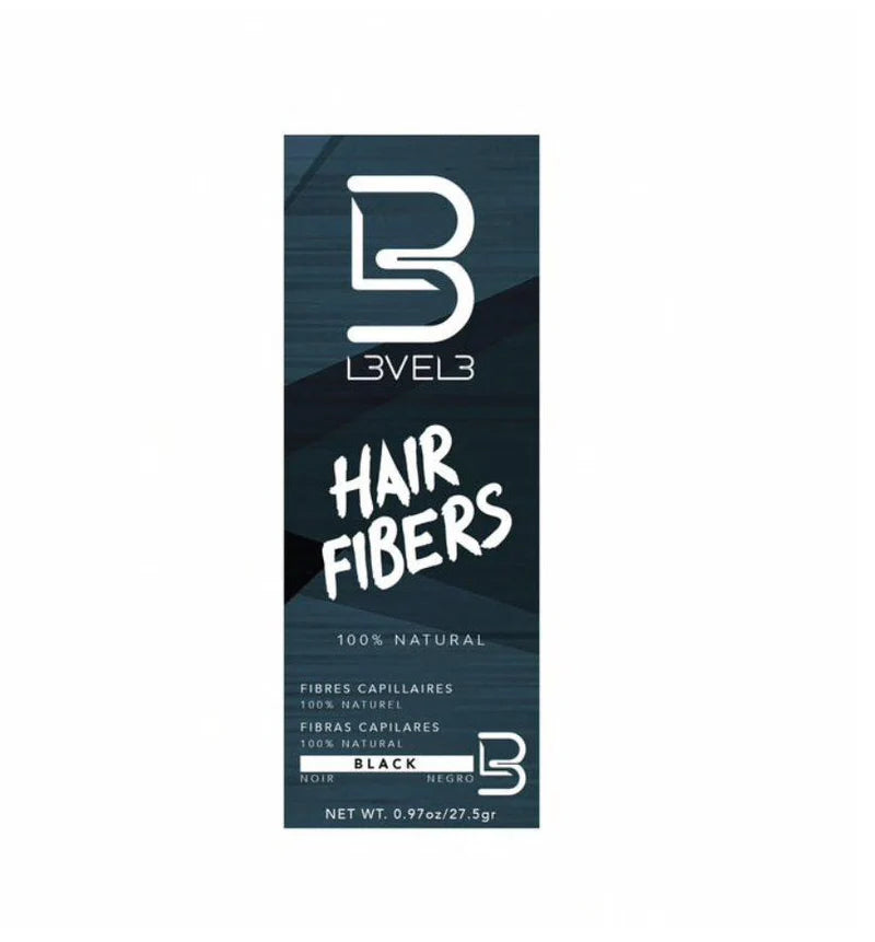 "Level3 Hair Fibers - Black, professional-grade keratin fibers for thinning hair, offering natural coverage and a fuller look."