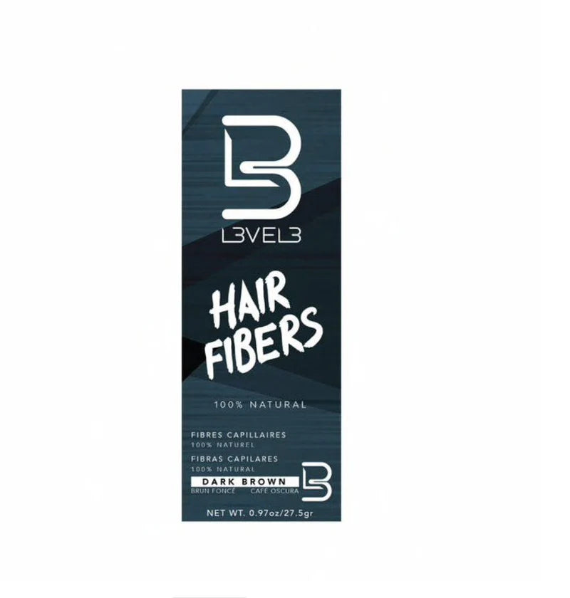 "Level3 Hair Fibers Dark Brown - Professional keratin fibers for instant thickening, concealing thin spots with a natural finish."