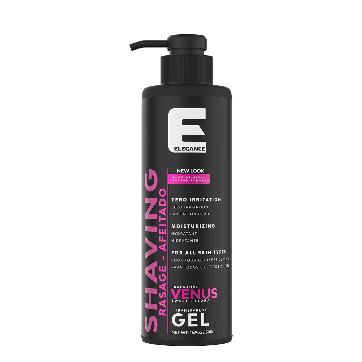 "Elegance Shave Gel Venus Scent 16.9oz - Clear gel for moisturizing, irritation-free shaving with a refreshing Venus fragrance."