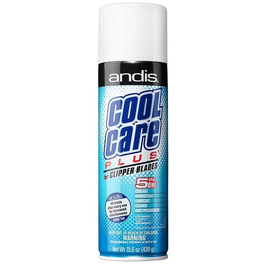 “Andis Cool Care Plus: 5-in-1 spray for cooling, cleaning, disinfecting, lubricating, and protecting clipper blades.”
