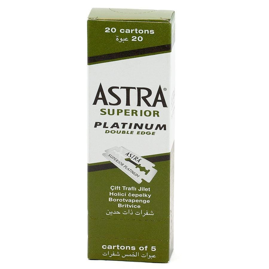 “Astra Superior Platinum razor blades in green packaging, displayed on a clean white background for sharp, smooth shaving.”