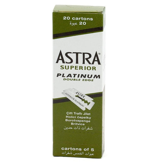 “Astra Superior Platinum razor blades in green packaging, displayed on a clean white background for sharp, smooth shaving.”