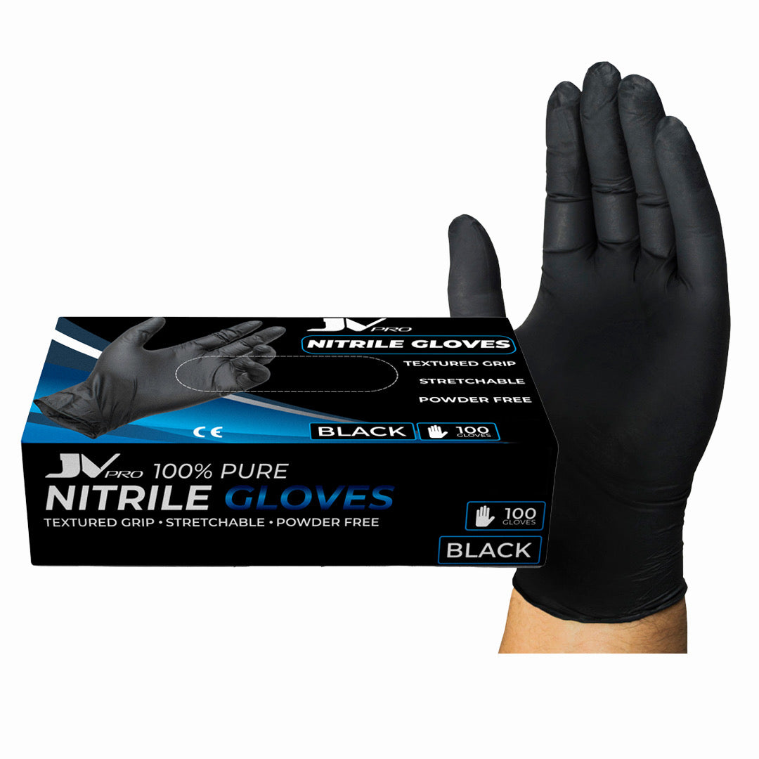 “JV PRO black nitrile gloves, 100 pcs, latex-free, powder-free for barbers and professionals.”