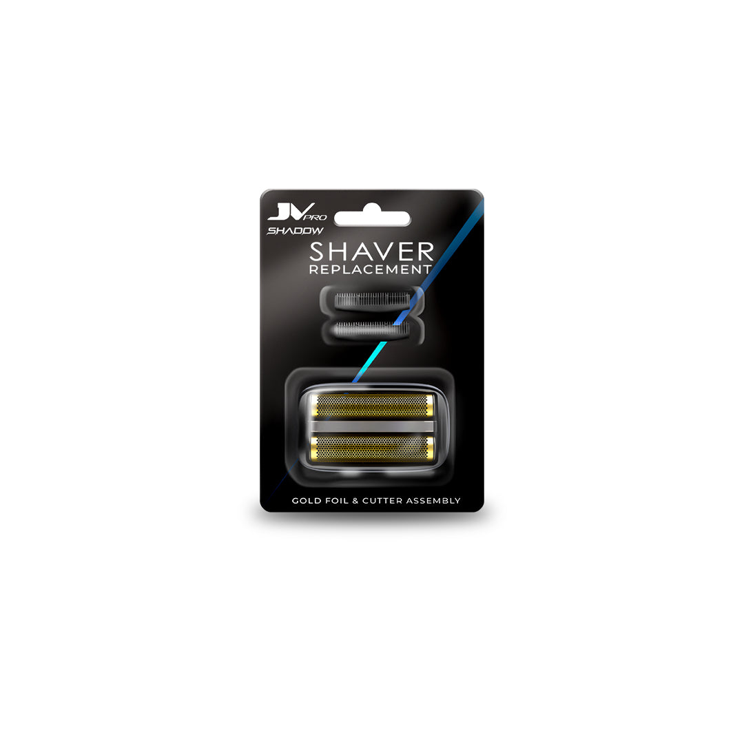 “JV PRO Shadow Double Foil Shaver Replacement with hypoallergenic gold foils and durable blades.” 