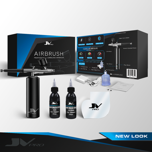 “JV PRO cordless airbrush kit with 2oz black & dark brown dyes and stencil for hairline enhancements.”