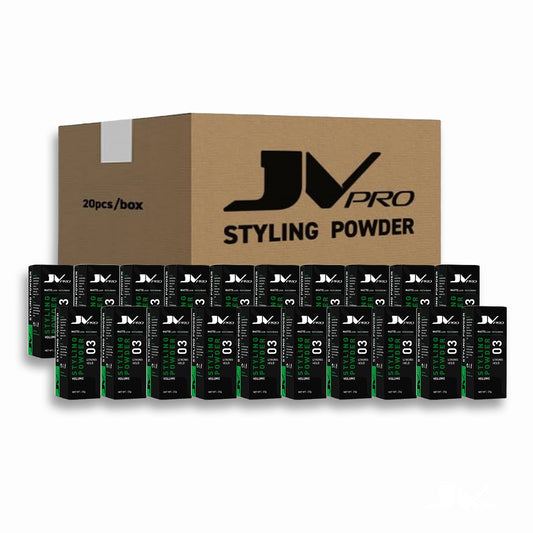 “JV PRO styling powder case pack, 20 pcs with cologne scent for volumizing hair.”