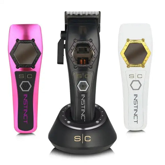 "StyleCraft Metal Instinct Clipper with Intuitive Vector Motor, 11,500 SPM, zero-gap DLC blade, and ergonomic metal housing for precision."