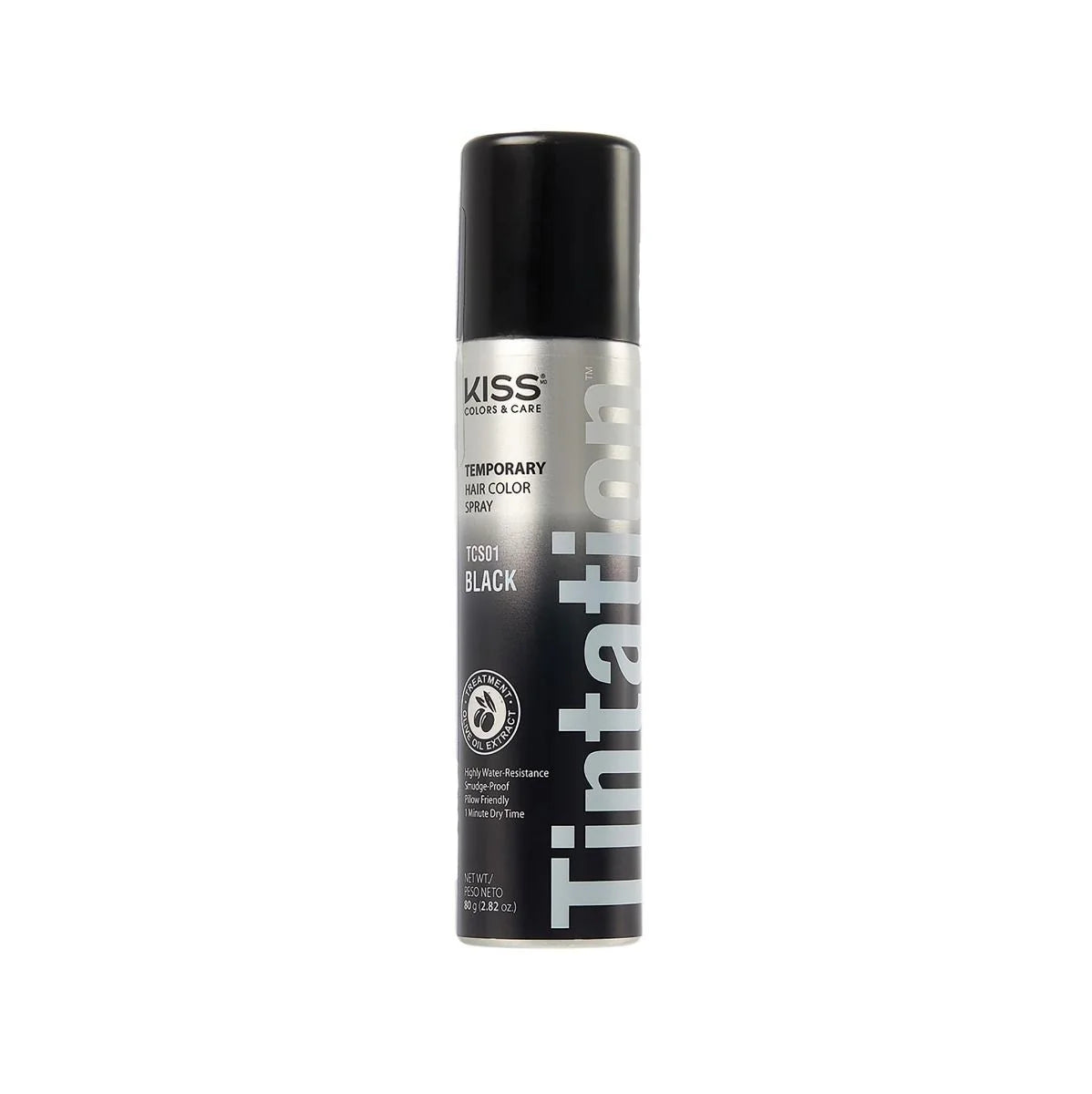 “Kiss Tintation temporary hair color spray in black, 2.82 oz, washable and non-toxic.”