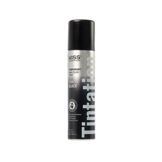 “Kiss Tintation temporary hair color spray in black, 2.82 oz, washable and non-toxic.”