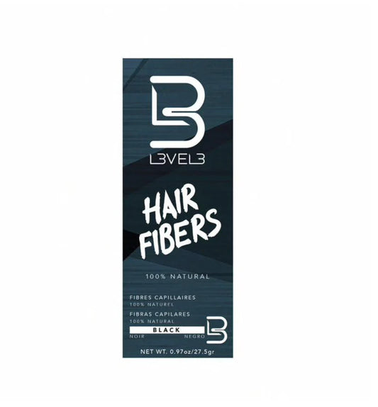 "Level3 Hair Fibers - Black, professional-grade keratin fibers for thinning hair, offering natural coverage and a fuller look."