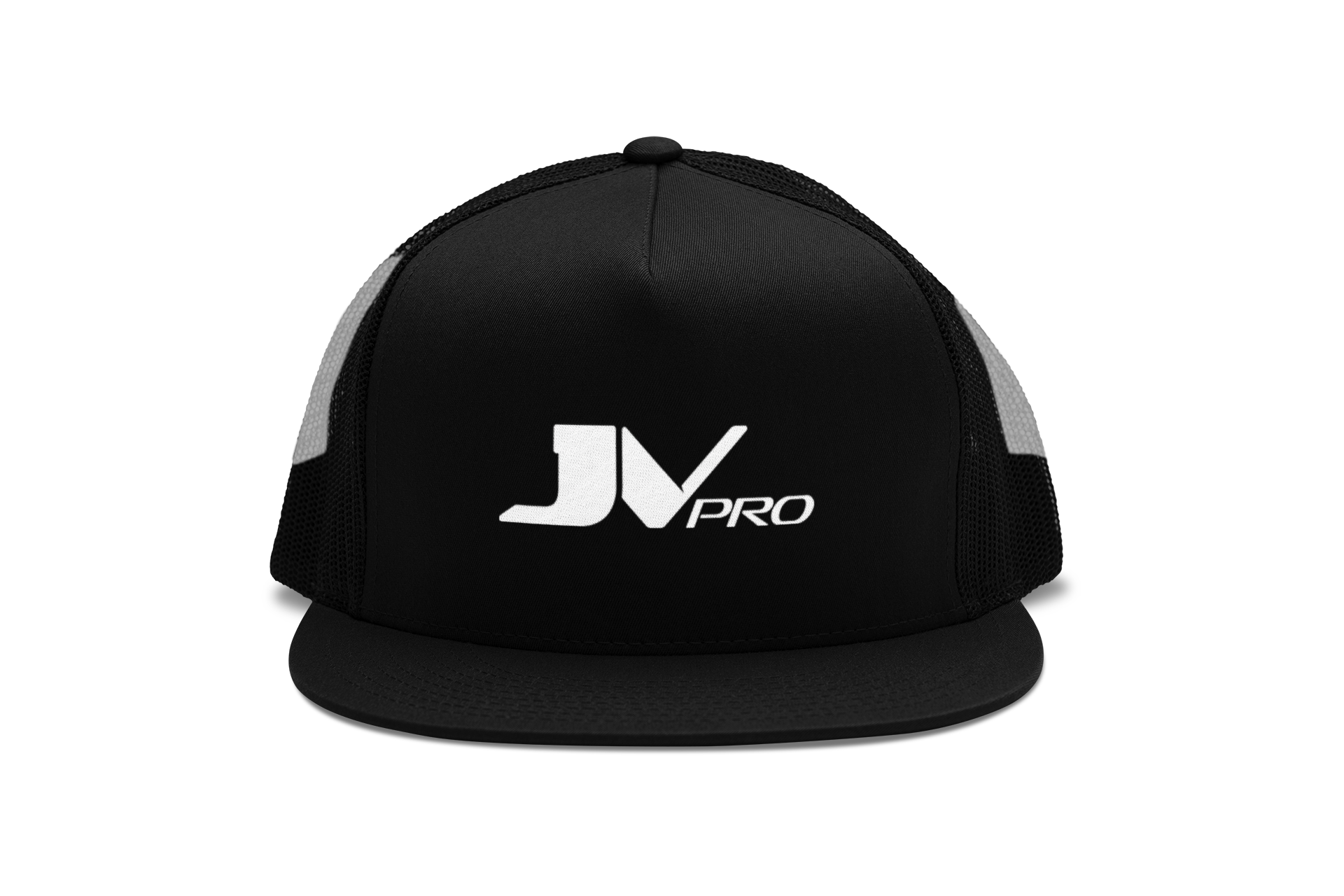 “JV PRO black trucker snapback hat, adjustable mesh cap for stylish comfort.”
