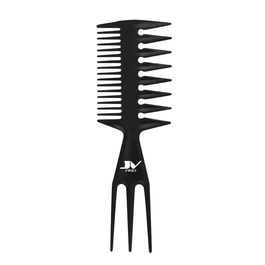 "JV PRO 3-in-1 Wide Tooth Comb - Black comb designed for detangling, styling, and parting with ease and precision."