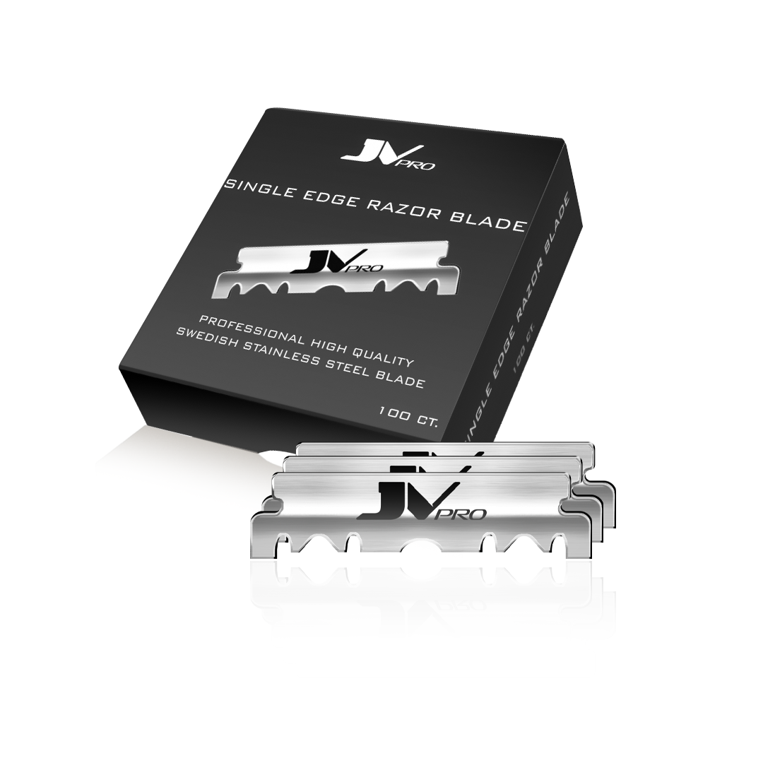 “JV PRO single edge razor blades made for professional barbers, ensuring precision and clean shaving results.”