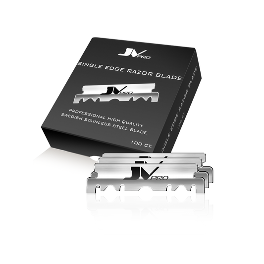 “JV PRO single edge razor blades made for professional barbers, ensuring precision and clean shaving results.”