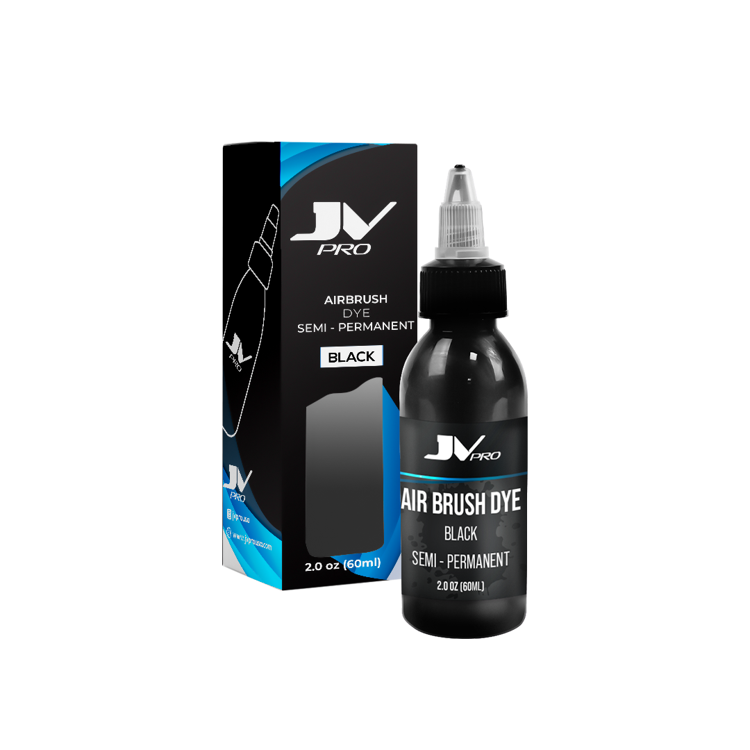 JV PRO Airbrush Hair Dye – Long-lasting, water-resistant 2oz black color for professional barbers and stylists.