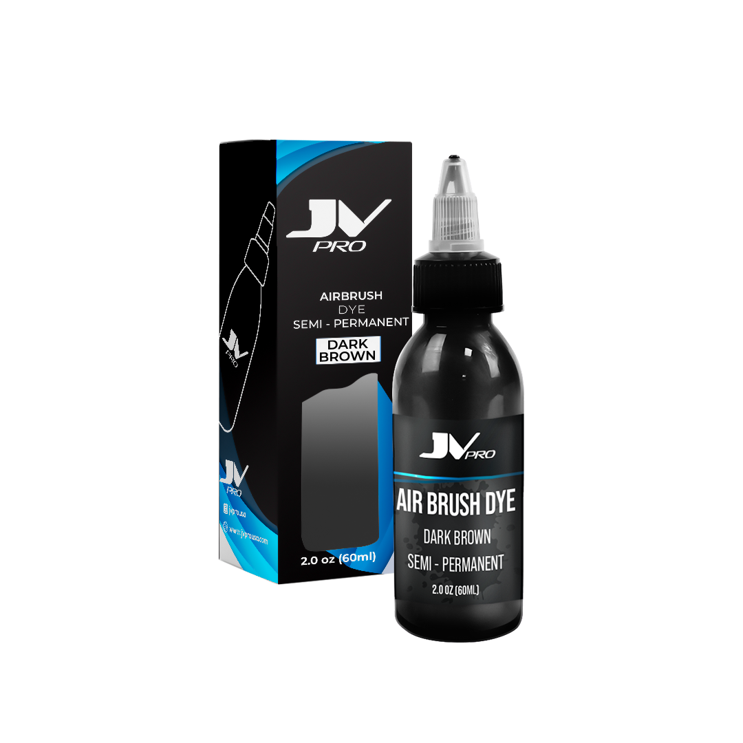 JV PRO Airbrush Hair Dye – Long-lasting, water-resistant 2oz dark brown color for professional barbers and stylists.