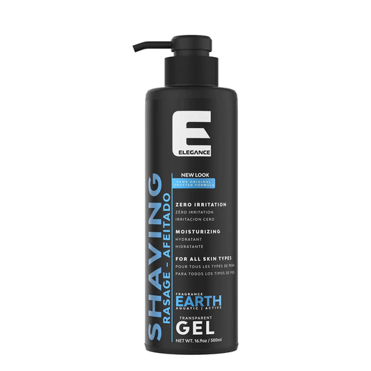 "Elegance Shave Gel Earth Scent 16.9oz - Transparent gel for a smooth, professional shave with a refreshing Earth fragrance."