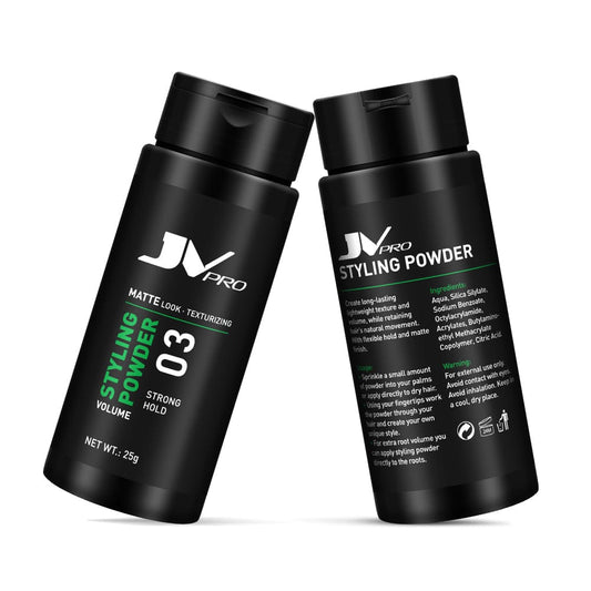 “JV PRO styling powder with cologne fragrance for volumizing and texturizing hair.”